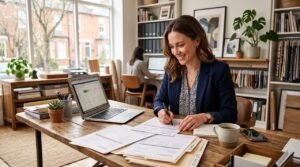 Mujer revisando documentos y resultados en su portátil en una oficina luminosa